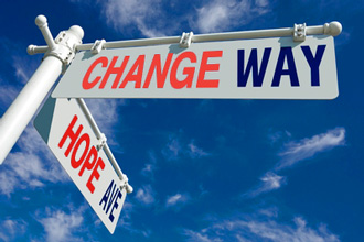 a street sign showing “Change Way” and “Hope Avenue”